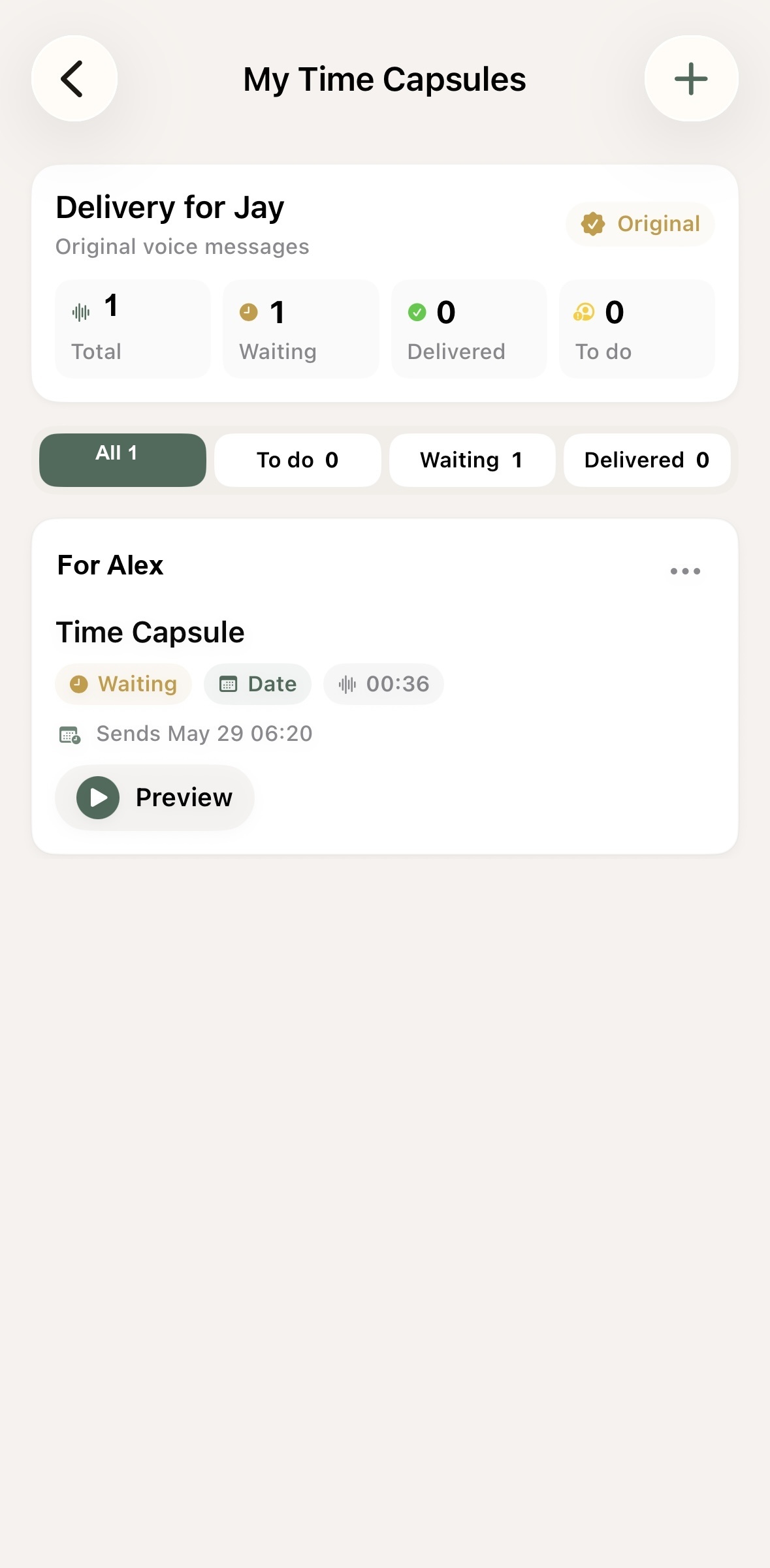 Time Capsules list screen in DearWith