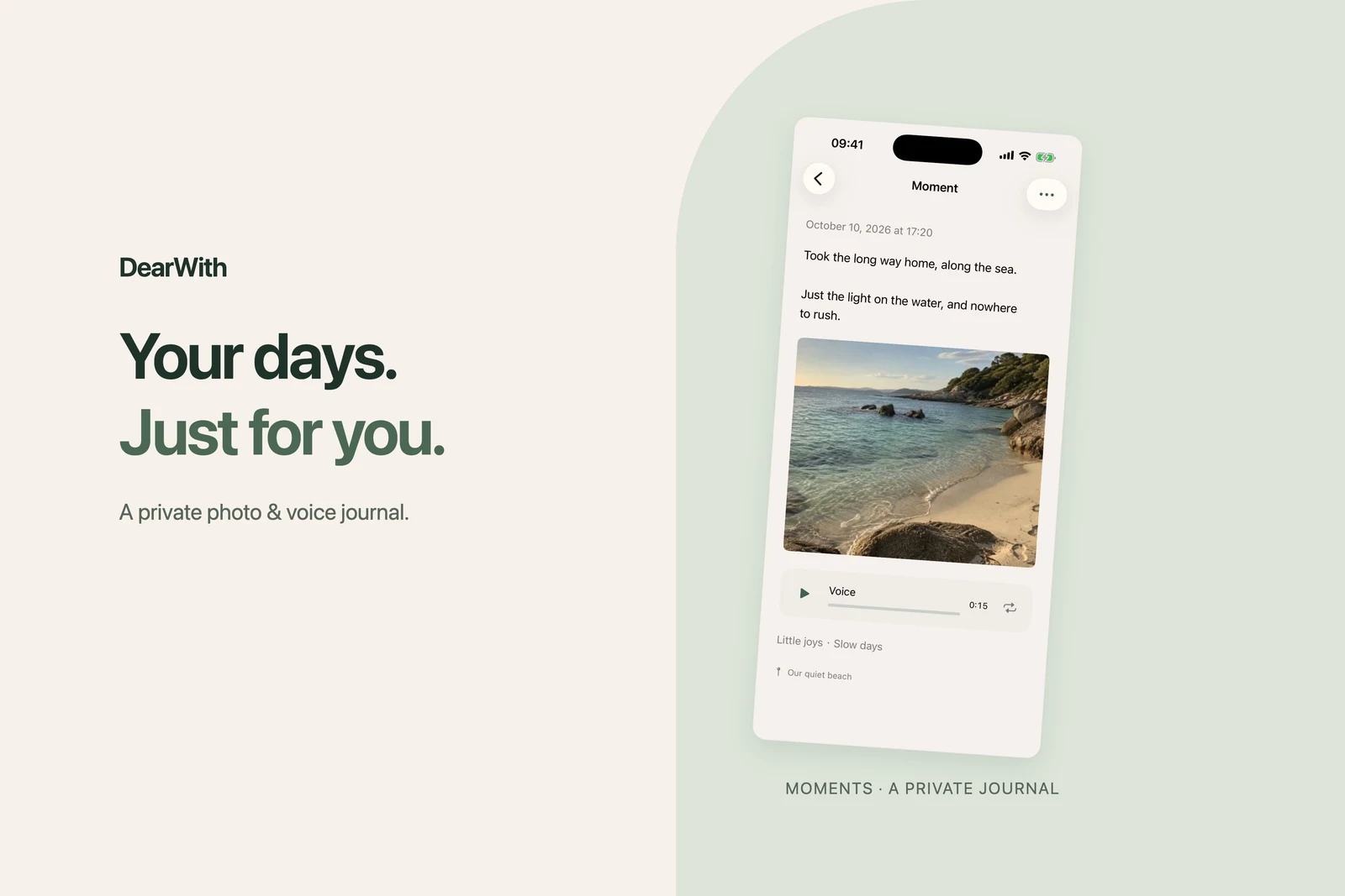 Your days. Just for you. A private photo and voice journal, with a seaside Moment app screen.