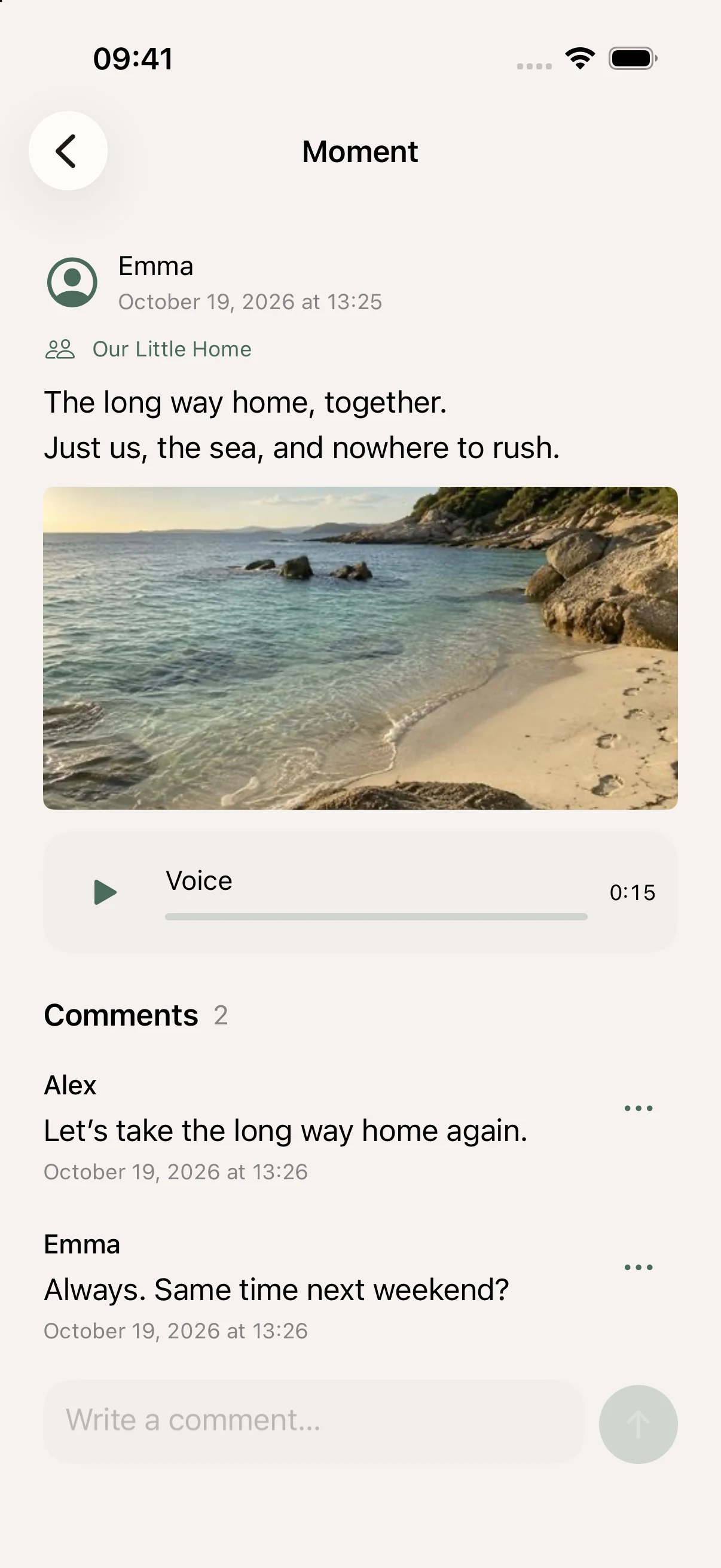A Moment in Our Little Home with a photo, original audio, and member comments.