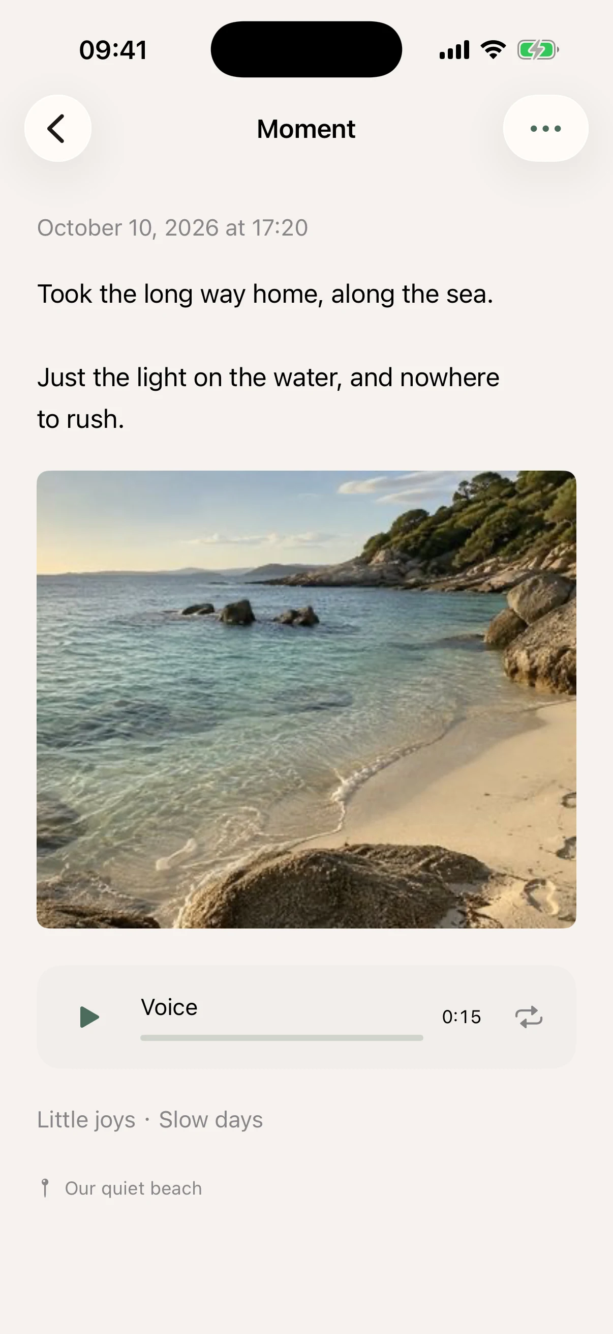 A personal Moment with a seaside photo, words, and original audio.